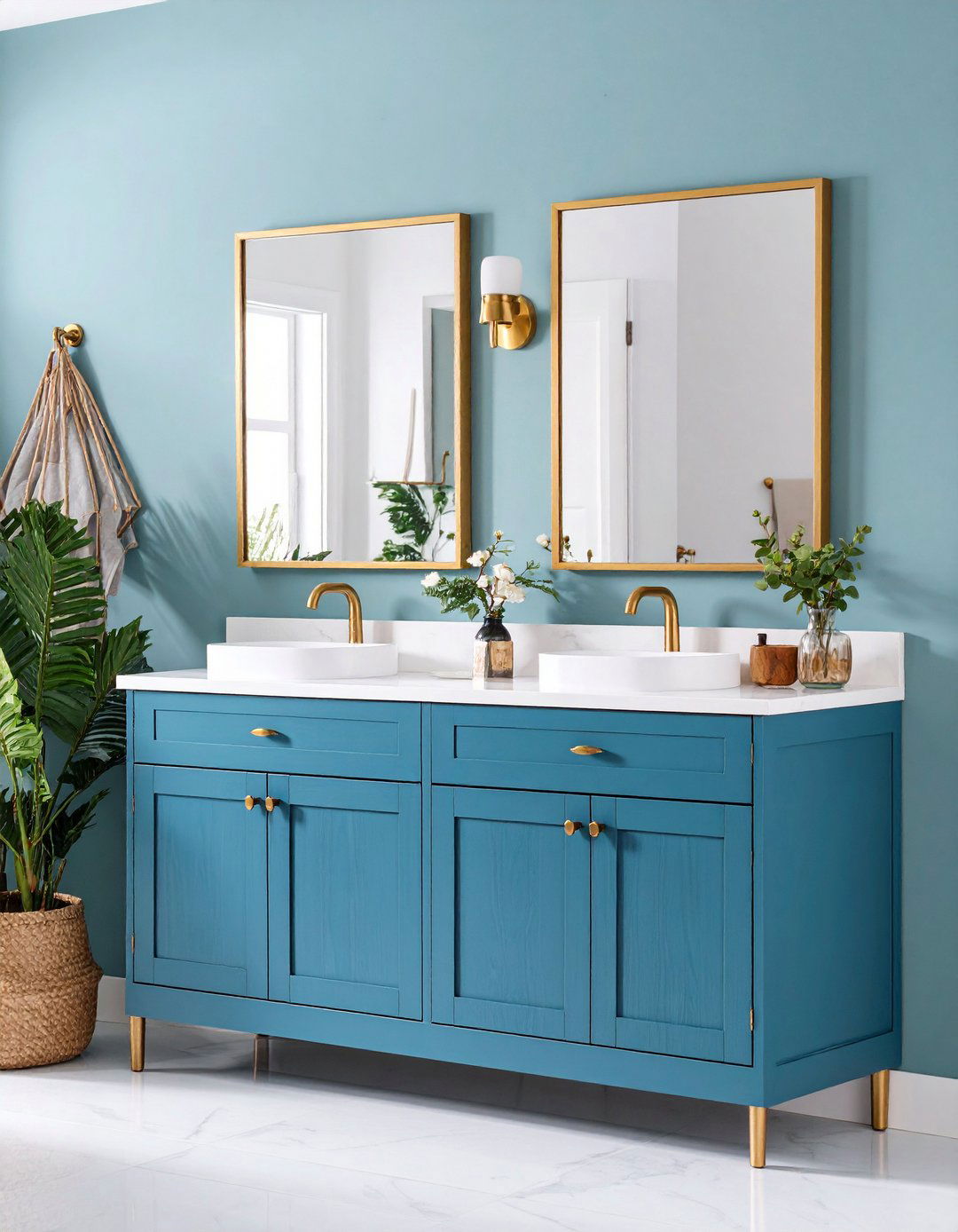 Gold Hardware and Blue Linen Storage Cabinets - 20 Blue and Gold Bathroom Ideas