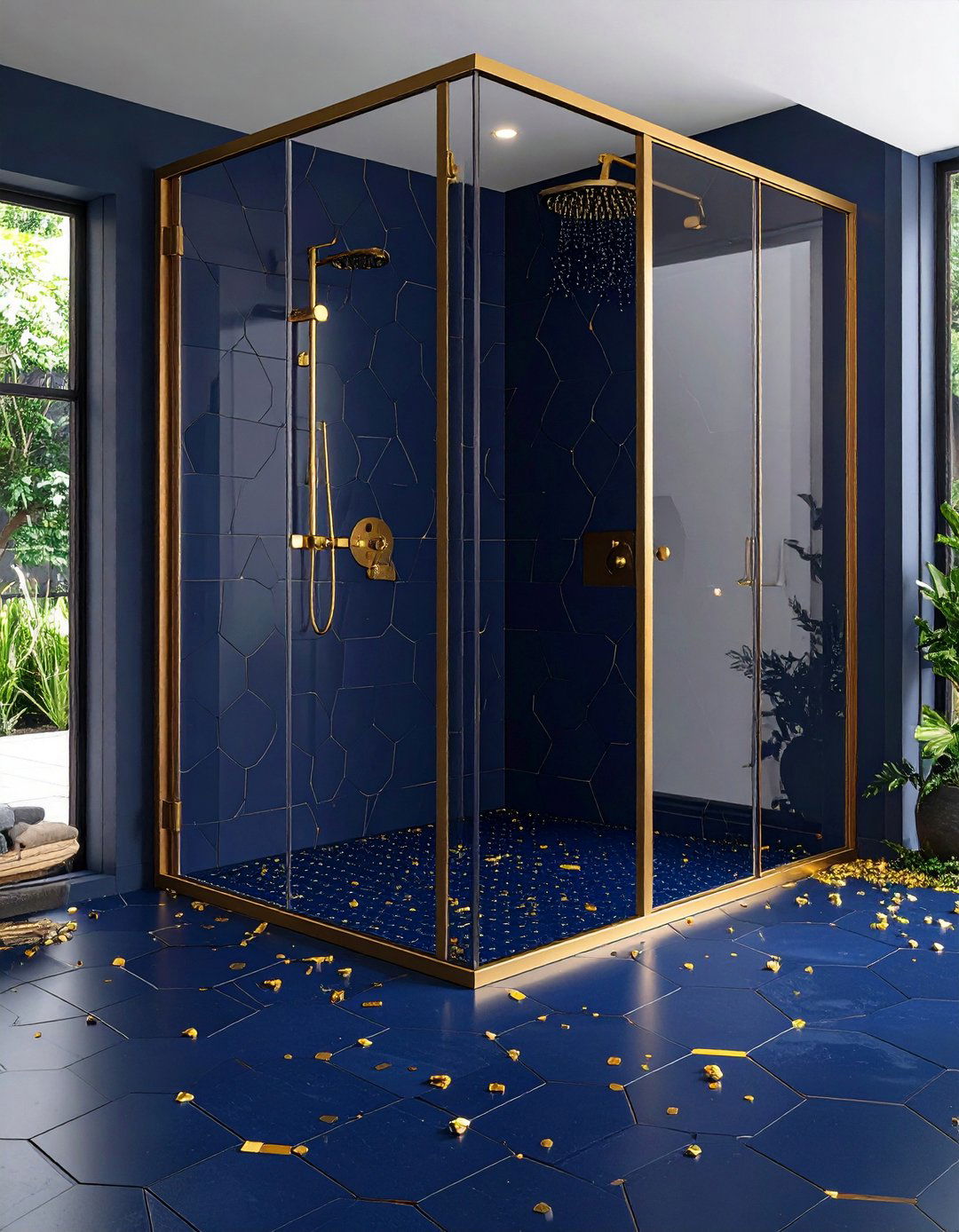 Gold Hexagonal Floor Tiles in a Deep Blue Shower - 20 Blue and Gold Bathroom Ideas