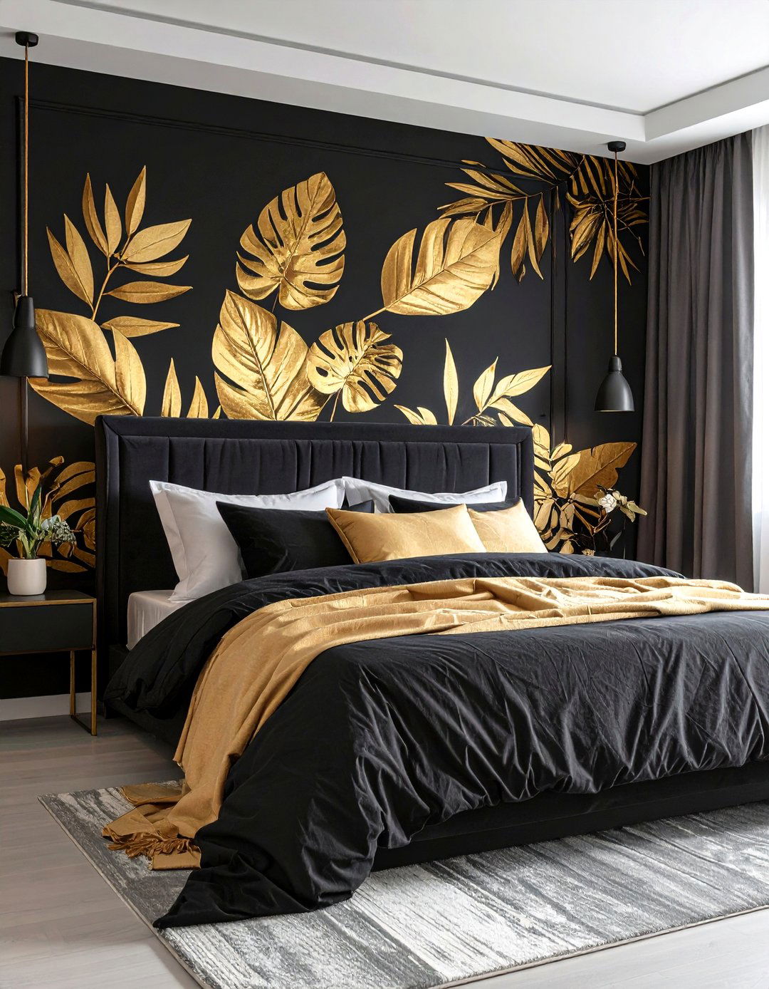 Gold Leaf Mural for High Drama Focal Point - 20 Black and Gold Bedroom Ideas