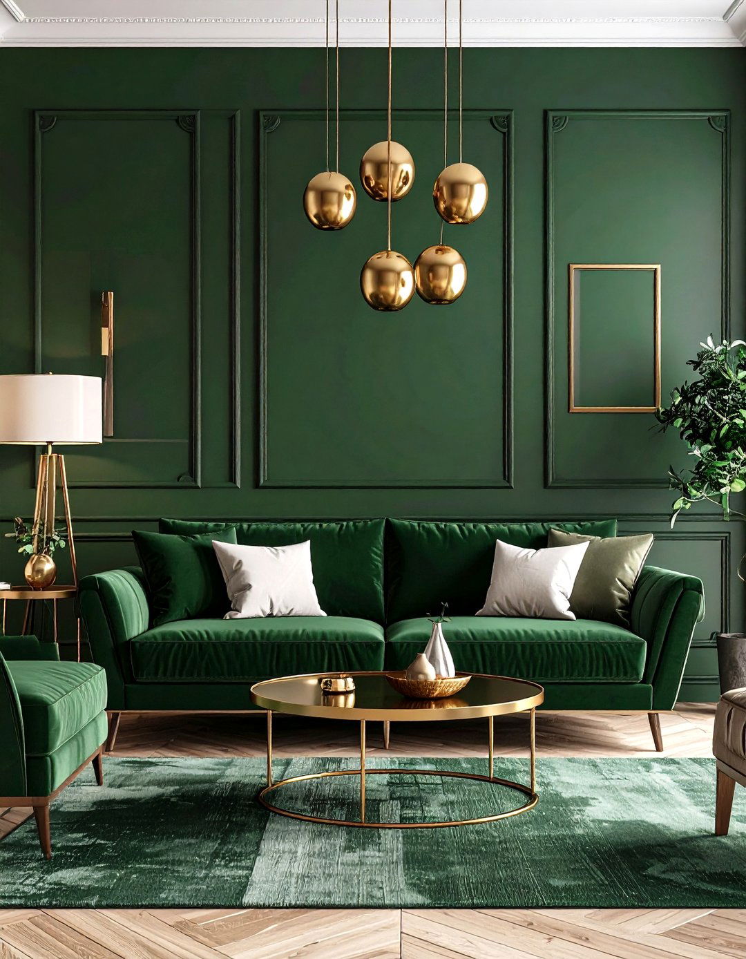 Gold Metallic Accents to Highlight Green Depth - 20 Dark Green Living Room Ideas