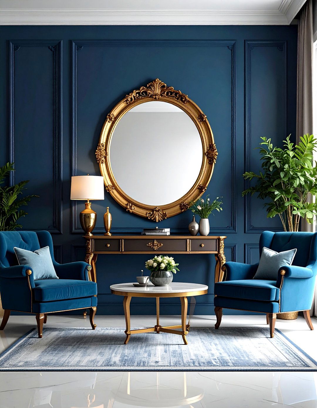 Gold Mirror Accents with Blue Wall Living Room Ideas - 20 Blue and Gold Living Room Ideas