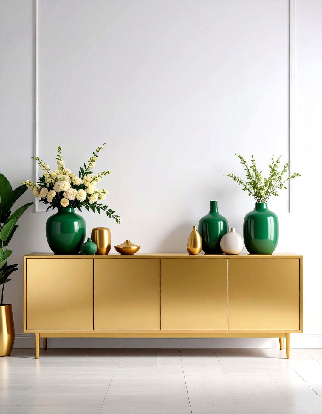 Gold Sideboard Topped with Green Decorative Vases in the Living Room - 20 Green and Gold Living Room Ideas