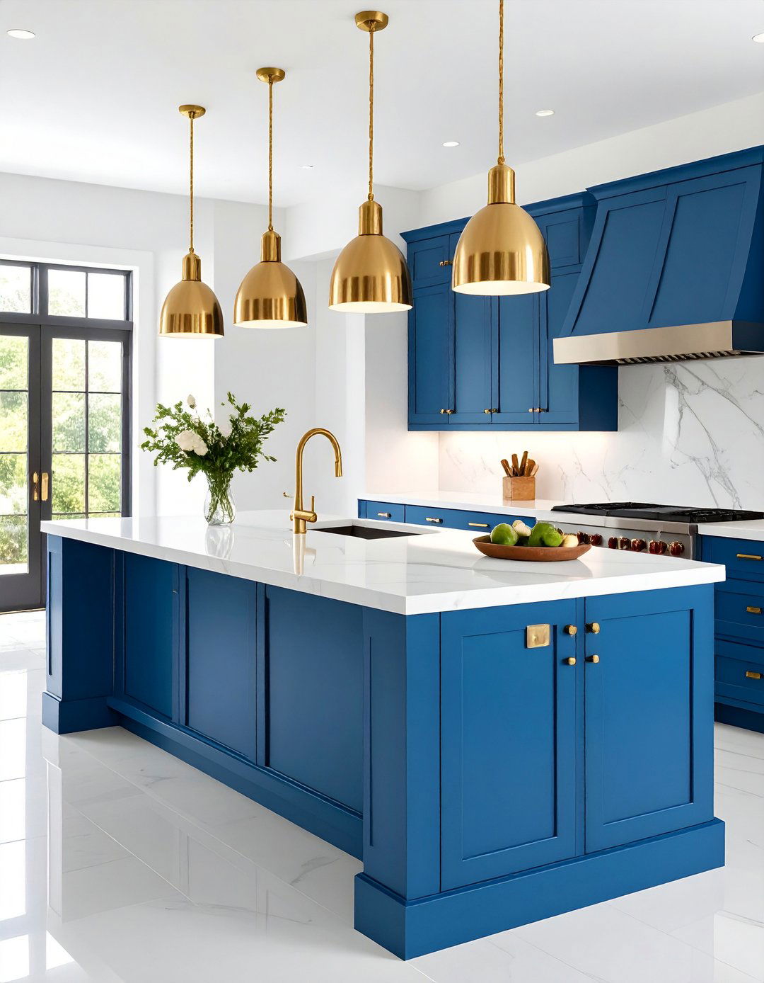Gold Toned Pendant Lights Over White and Blue Island - 20 Blue and White Kitchen Ideas