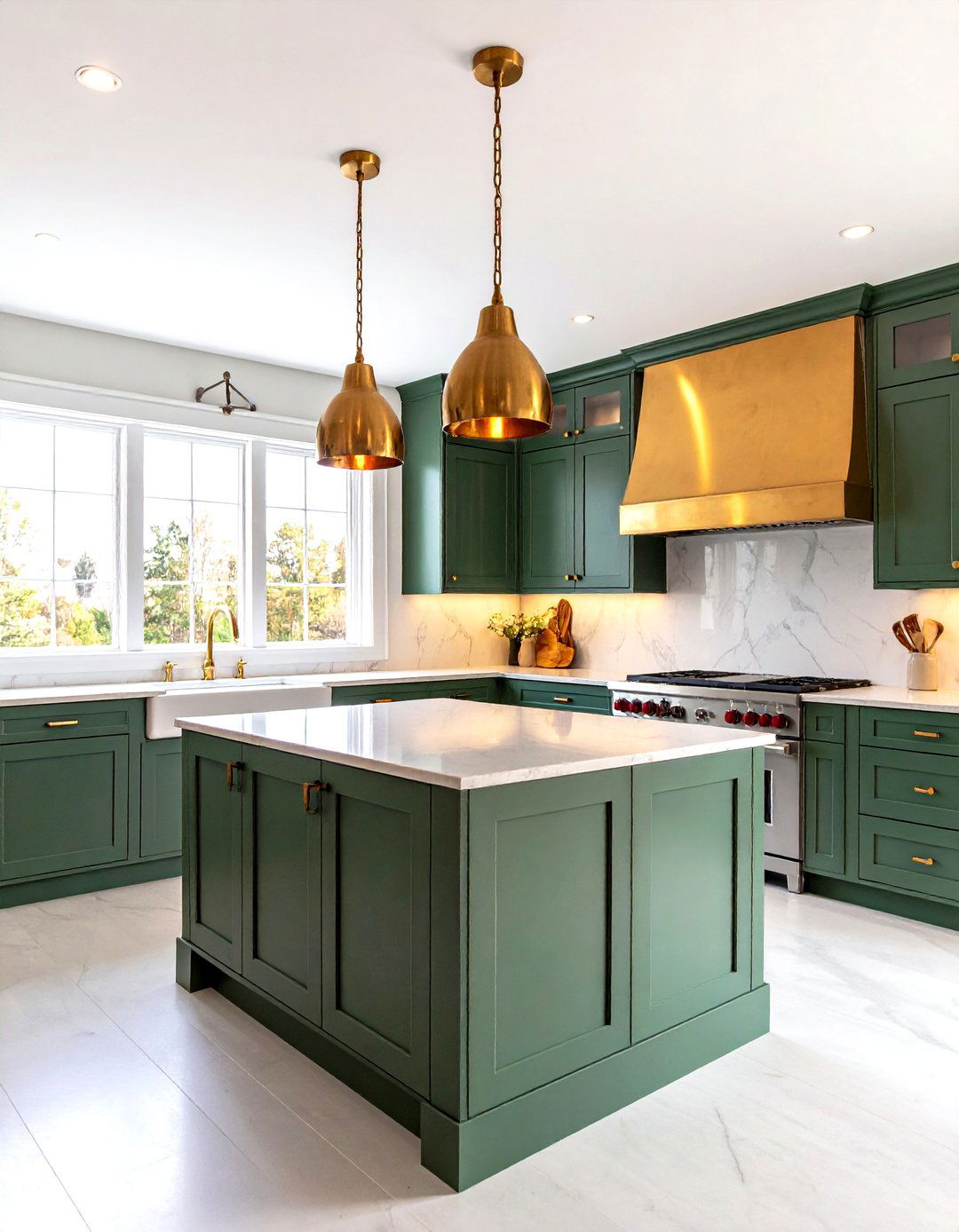 Golden Glow Brass Lighting Over Emerald - 20 Emerald Green Kitchen Ideas