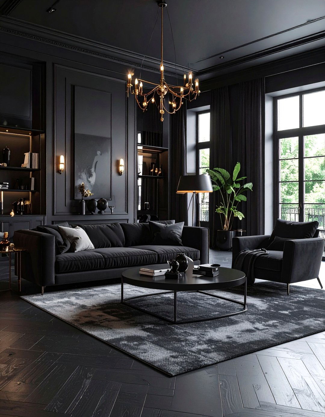 Gothic Living Room Showcasing a Monochromatic Dark Palette - 20 Gothic Living Room Ideas