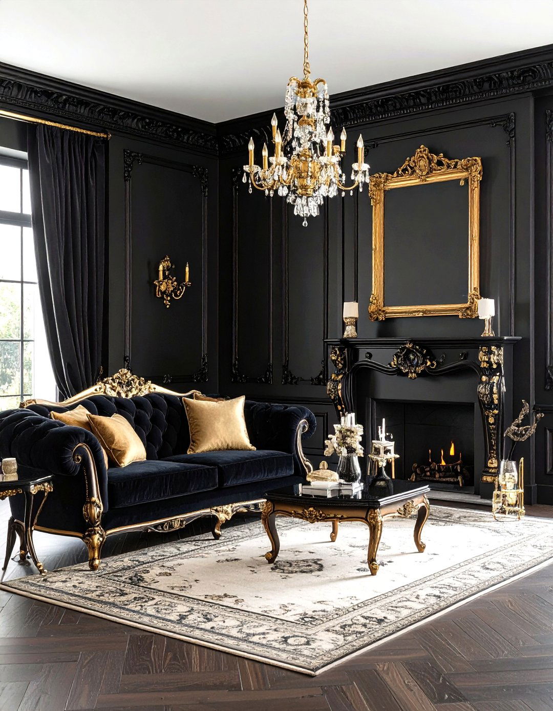 Gothic Living Room Wrapped in Dramatic Black Walls - 20 Gothic Living Room Ideas