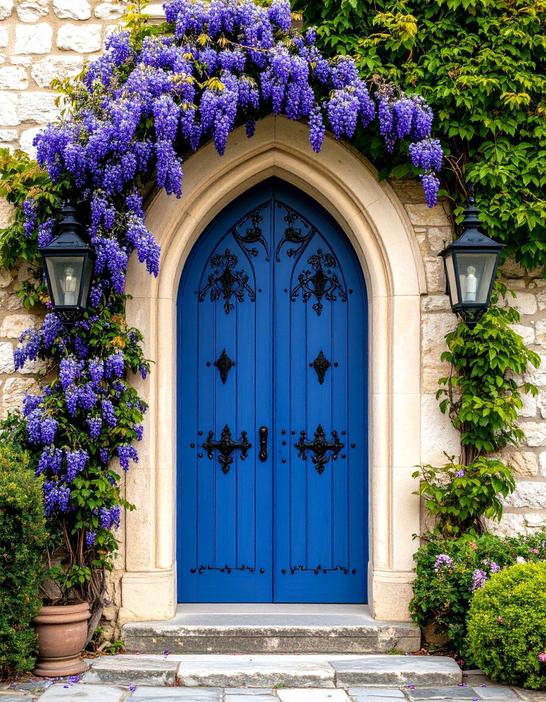 Gothic Revival Lavender Front Door with Pointed Arch Details - 20 Lavender Front Door Ideas