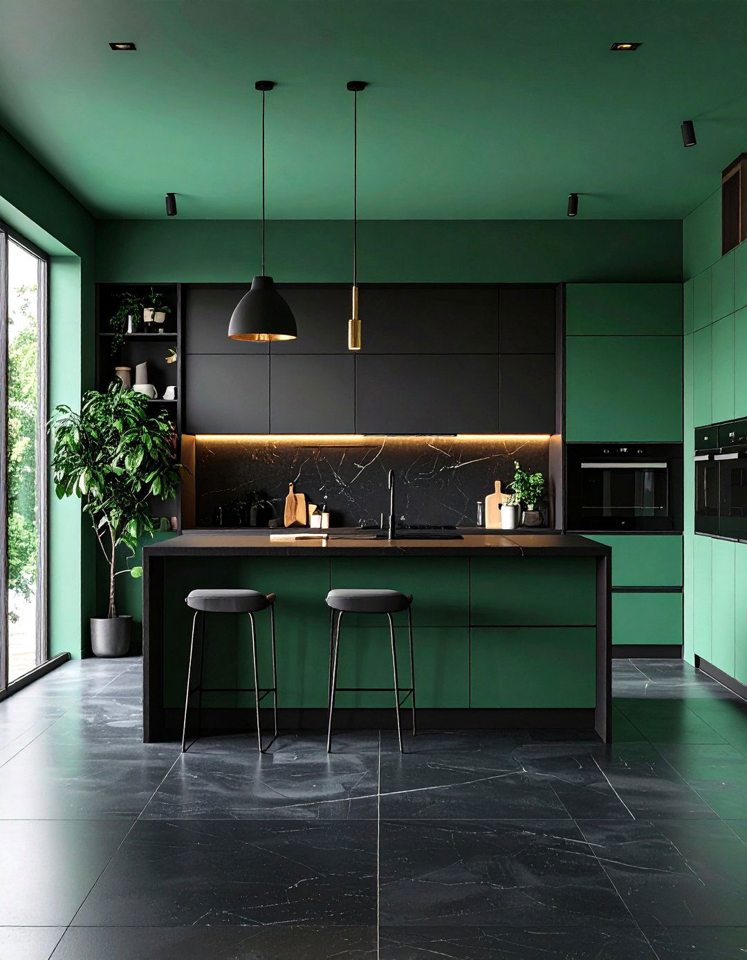 Gradient Mural Kitchen Blending Black into Green - 20 Black and Green Kitchen Ideas