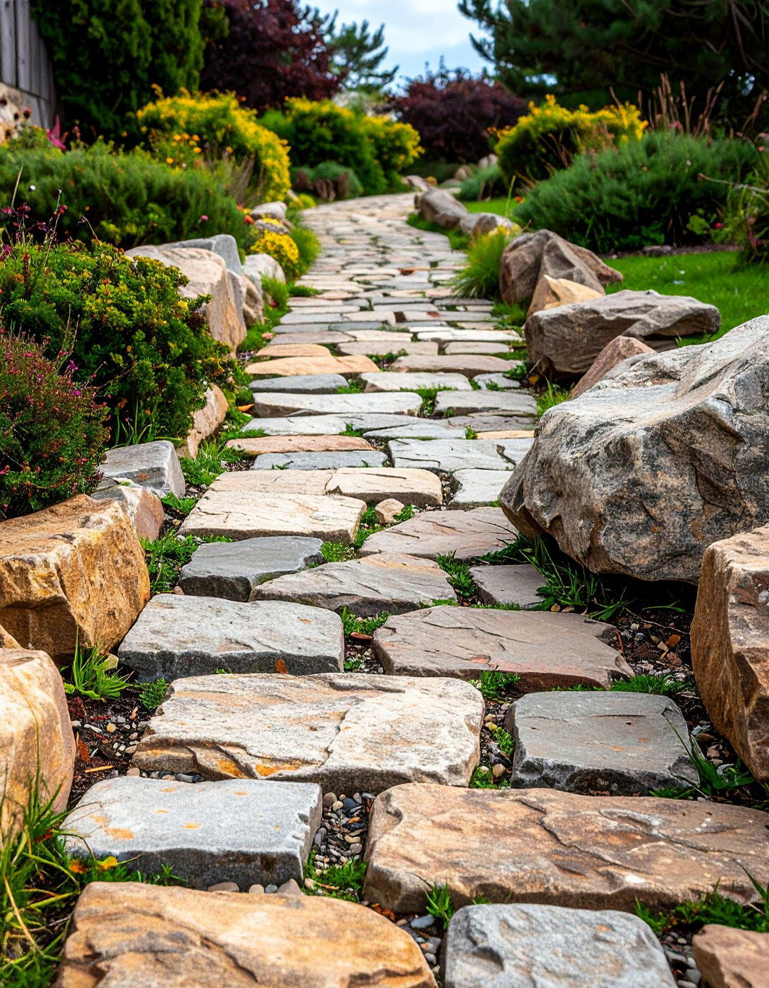 Granite Sett Walkway Accented by Boulder Edges - 20 Front Walkway Ideas