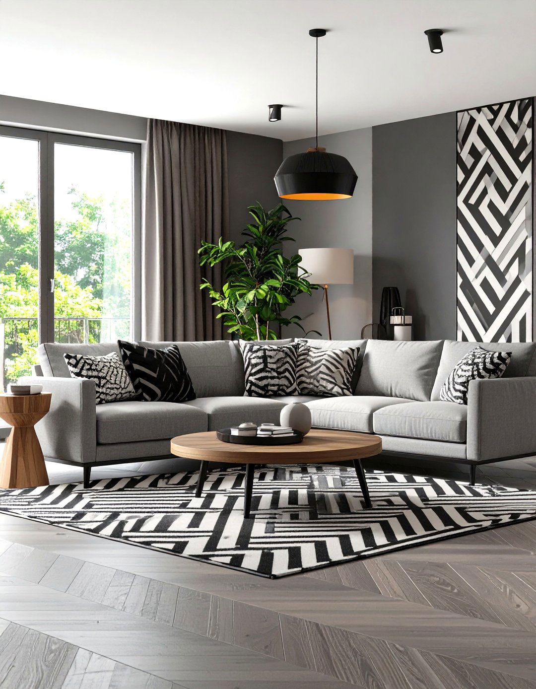 Graphic Black and White Prints Energize a Gray Living Room - 20 Gray Living Room Ideas