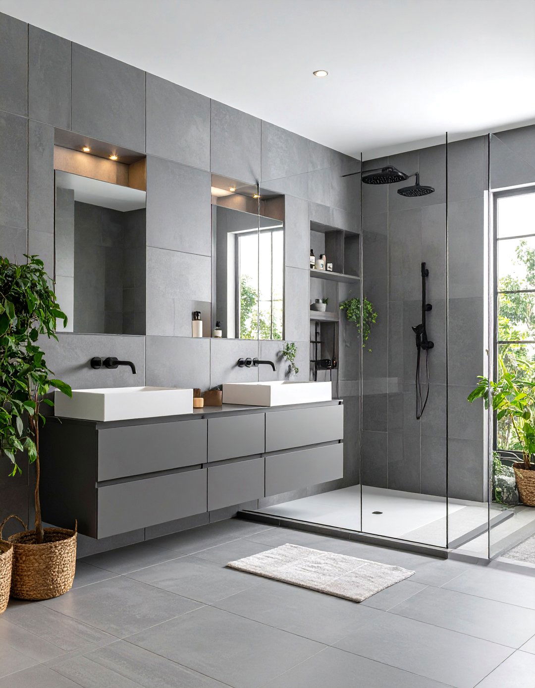 Graphic Charcoal Grout with Pale Grey Tile - 20 Grey Tile Bathroom Ideas