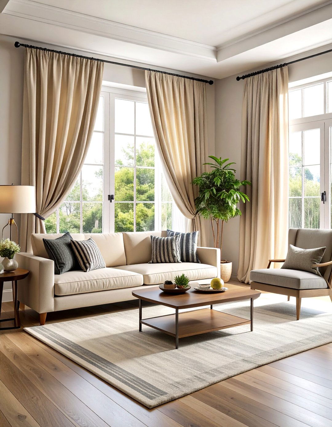 Graphic Curtains Framing Grey and Cream Living Rooms - 20 Grey and Cream Living Room Ideas