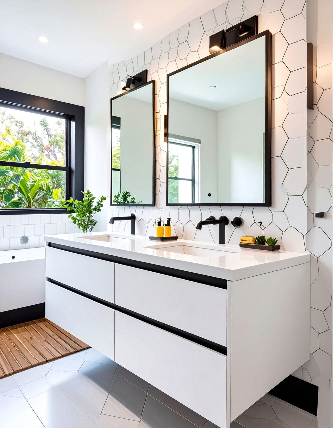 Graphic Hexagon Tile Accent Wall - 20 Black and White Powder Room Ideas