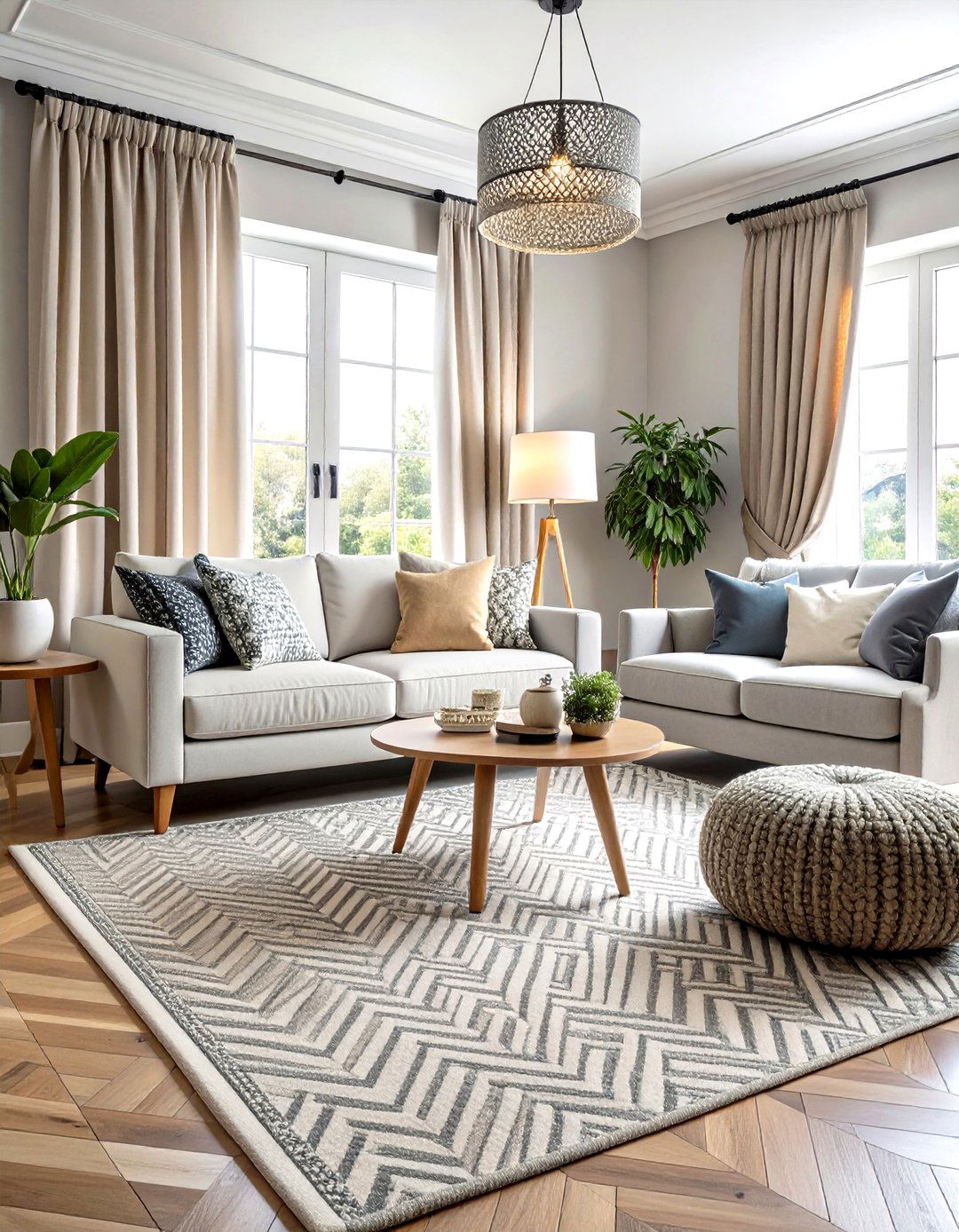Graphic Patterns Energize a Grey and White Living Room - 20 Grey and White Living Room Ideas