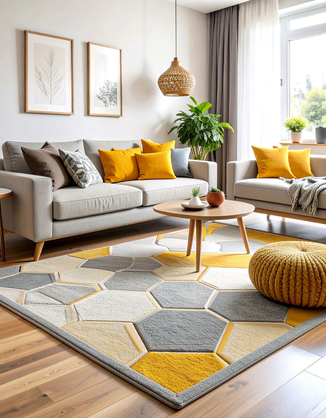 Graphic Rug Grounds a Grey and Yellow Living Room with Pattern - 20 Grey and Yellow Living Room Ideas
