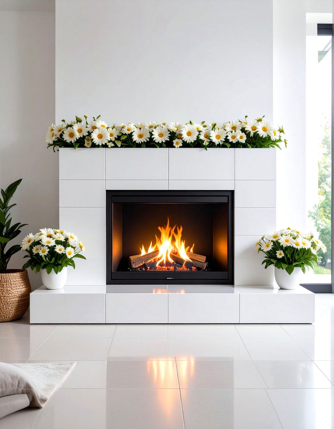Graphic Tile Surround Highlights Electric Flames - 20 Electric Fireplace Ideas