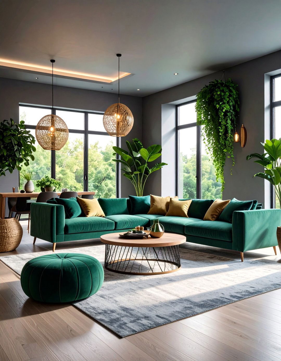 Graphite Cocoon with Jewel Green Accessories - 20 Green and Grey Living Room Ideas