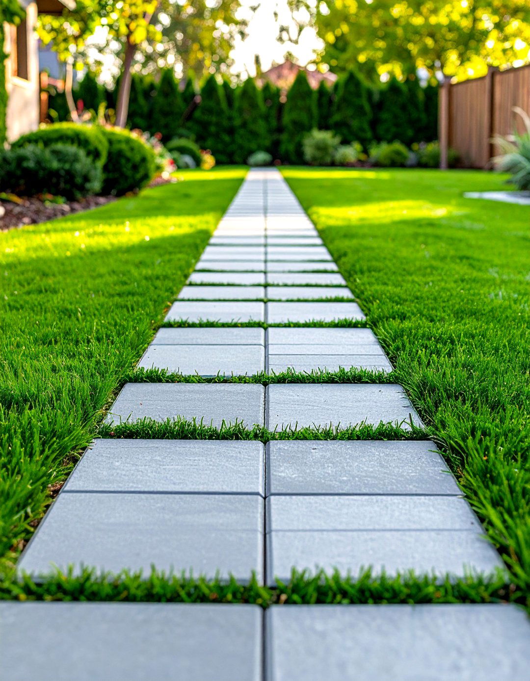 Grass Infused Grey Paver Walkway - 20 Grey Paver Walkway Ideas