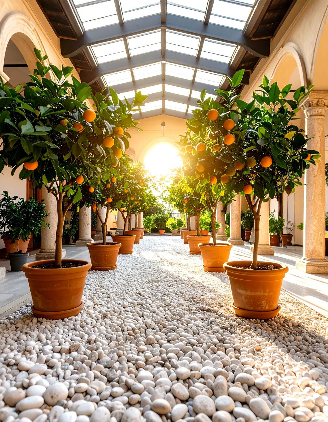 Gravel Atrium Hosting Container Citrus - 20 Gravel Garden Ideas