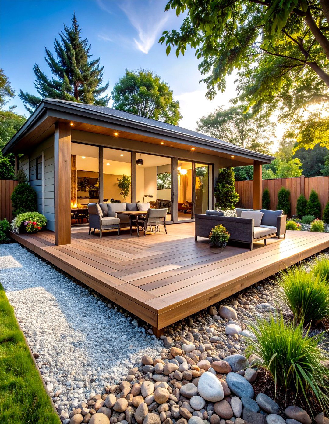 Gravel Border Floating Deck for Drainage - 20 Ground Level Deck Ideas