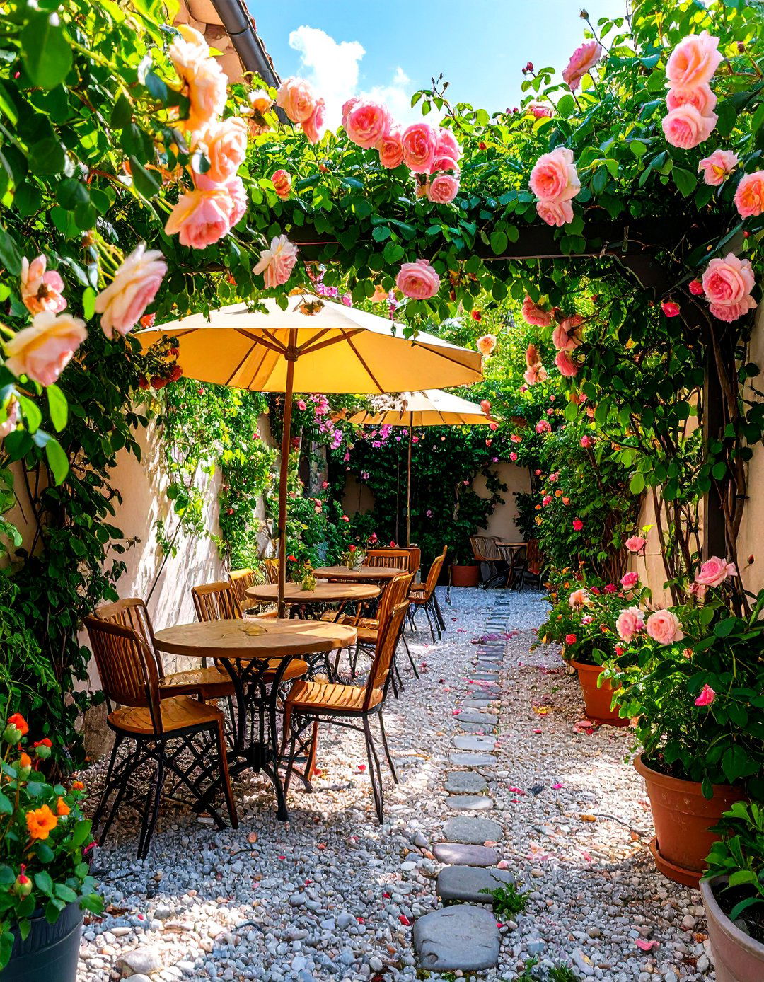 Gravel Courtyard With Climbing Accents - 20 Gravel Garden Ideas