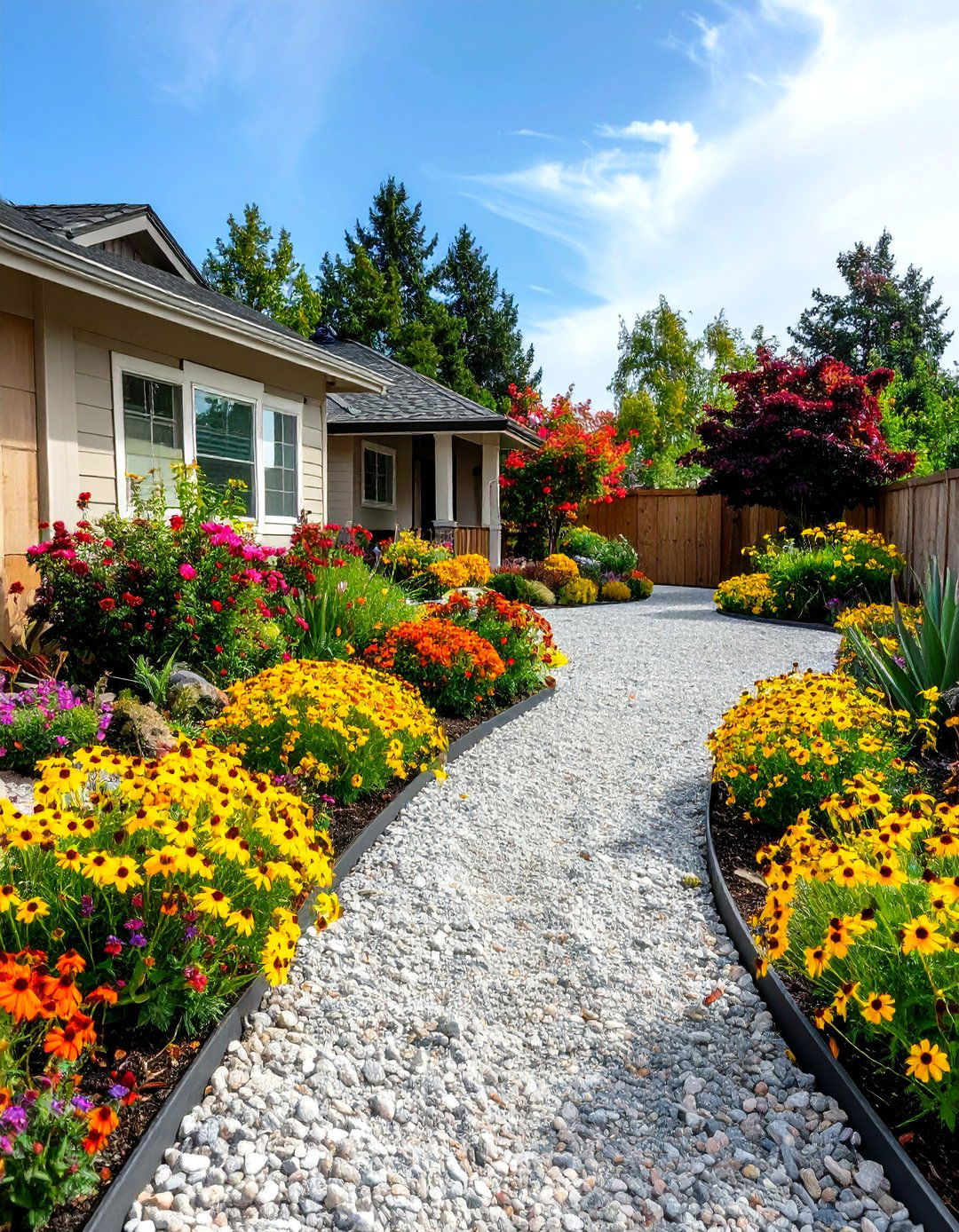 Gravel Driveway with Flower Borders - 20 Gravel Driveway Ideas
