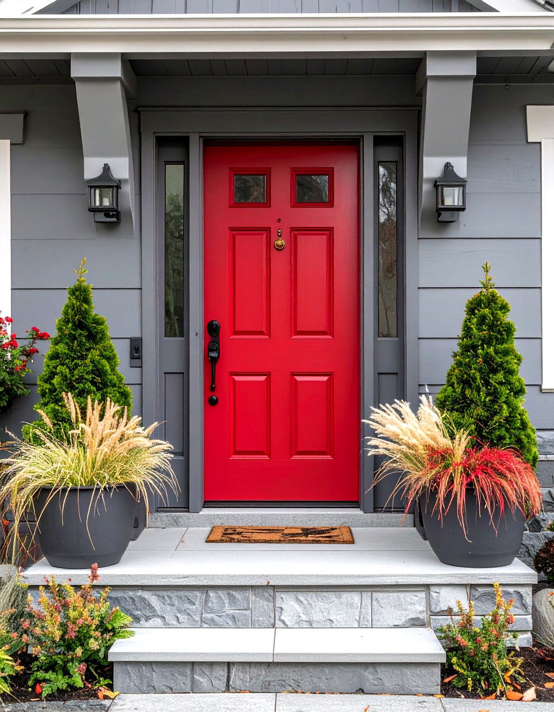 Gray Exterior Base with Bold Red Door Pop - 20 Gray Exterior House Paint Ideas