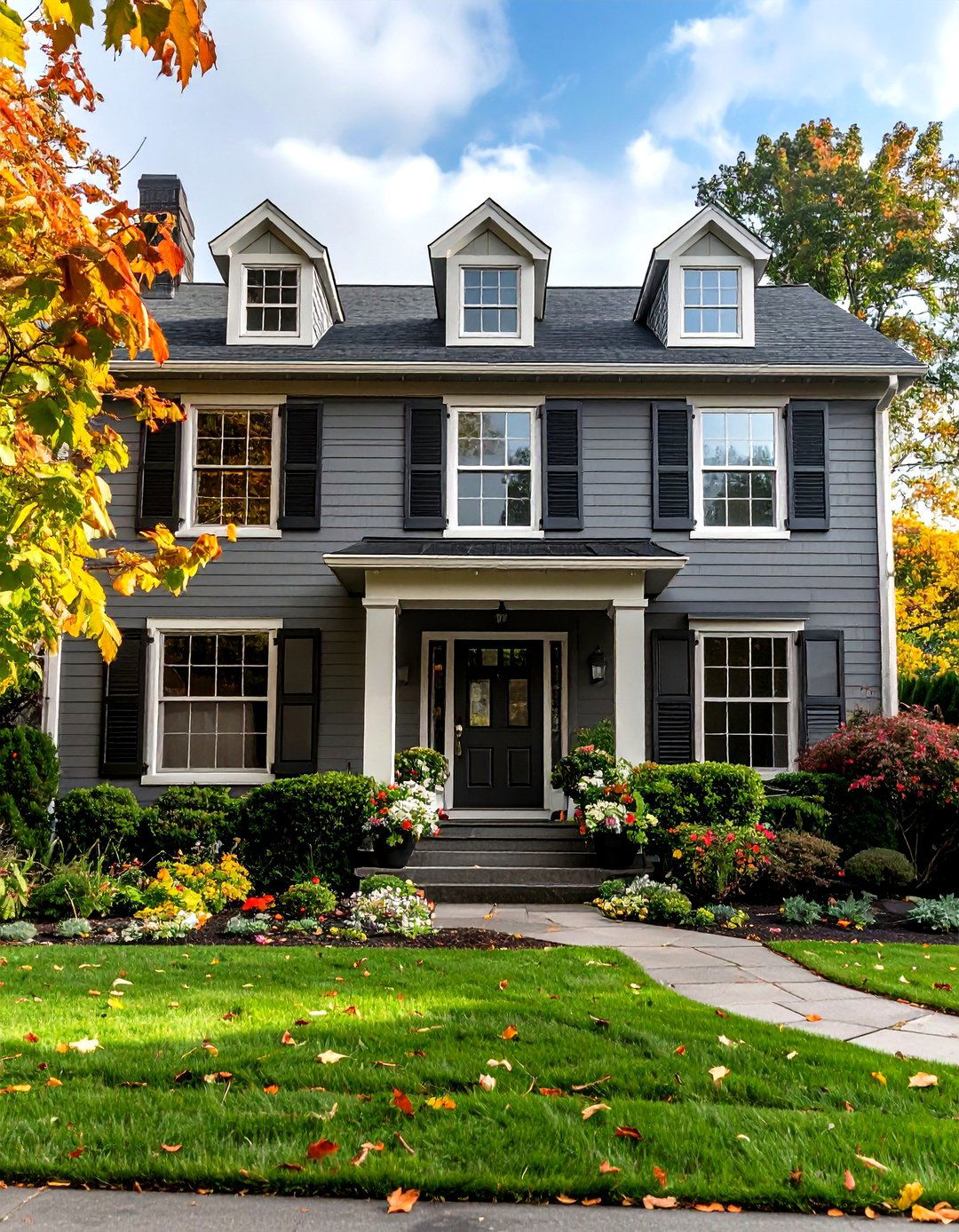 Gray Exterior Facade with Contrasting Shutter Accents - 20 Gray Exterior House Paint Ideas