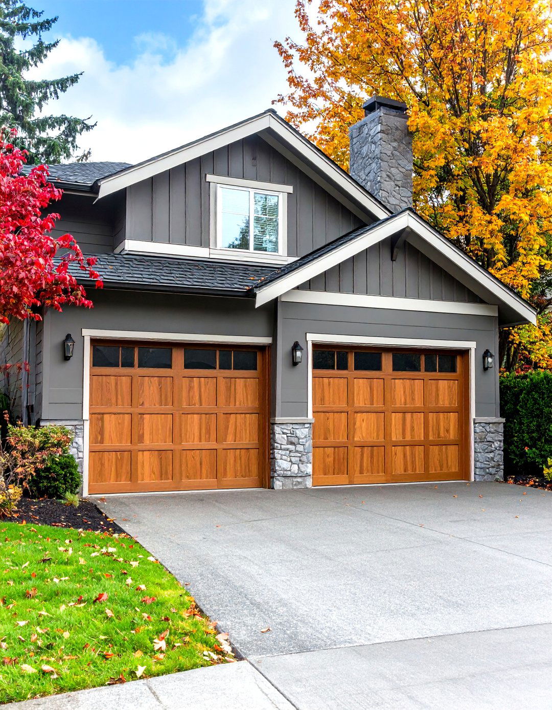 Gray Exterior Paired with Warm Brown Garage Doors - 20 Gray Exterior House Paint Ideas