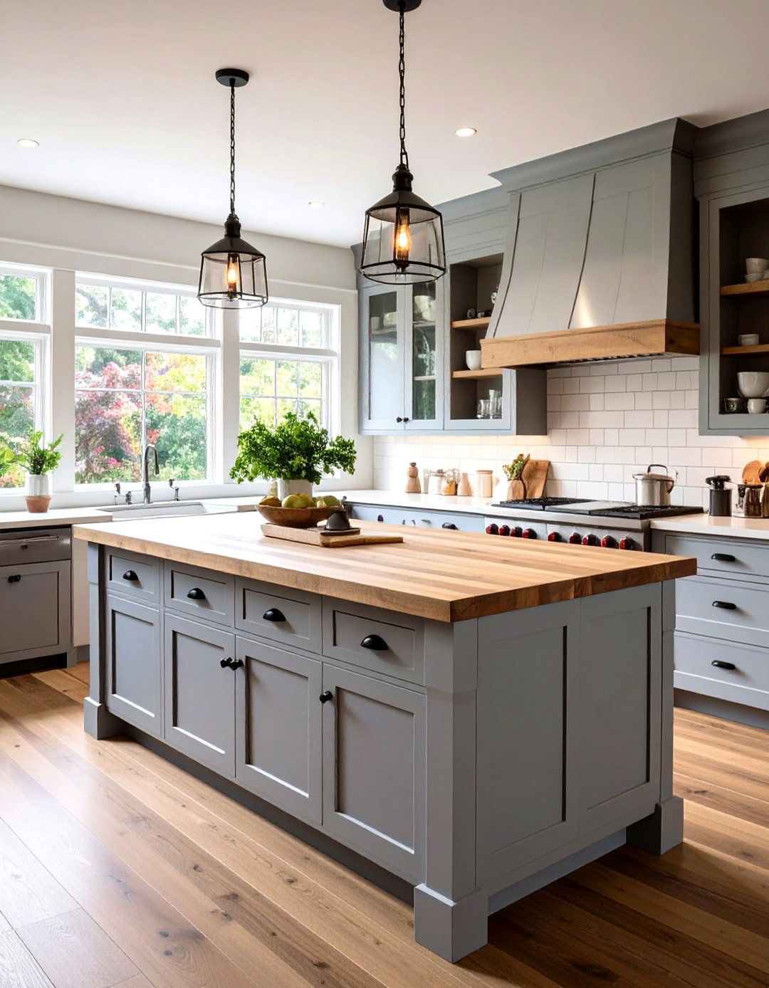 Gray Farmhouse Island with Natural Wood Countertops - 20 Farmhouse Kitchen With Gray Cabinets Ideas