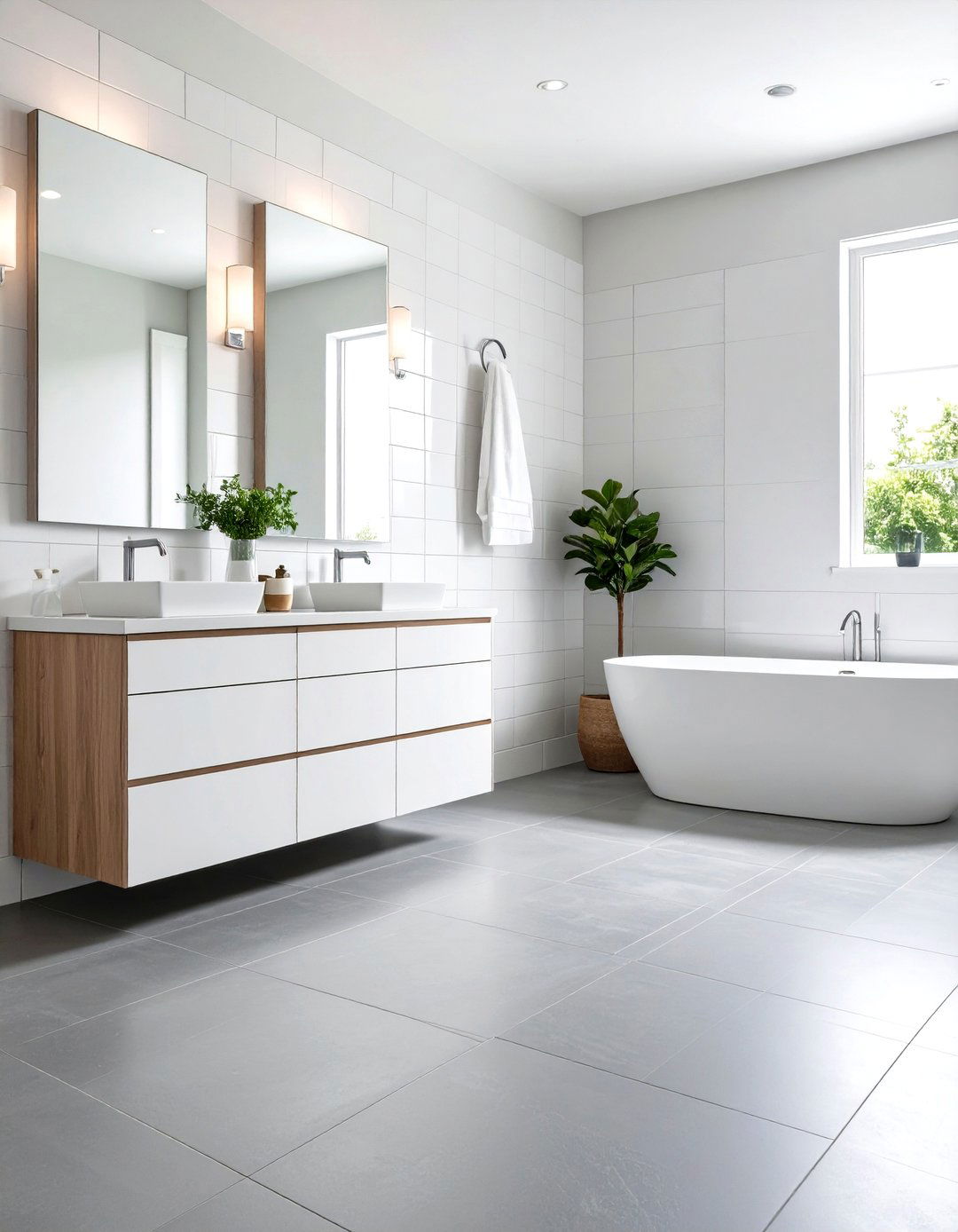 Gray Floor White Subway Wall Crisp Contrast - 20 Gray Floor Bathroom Ideas