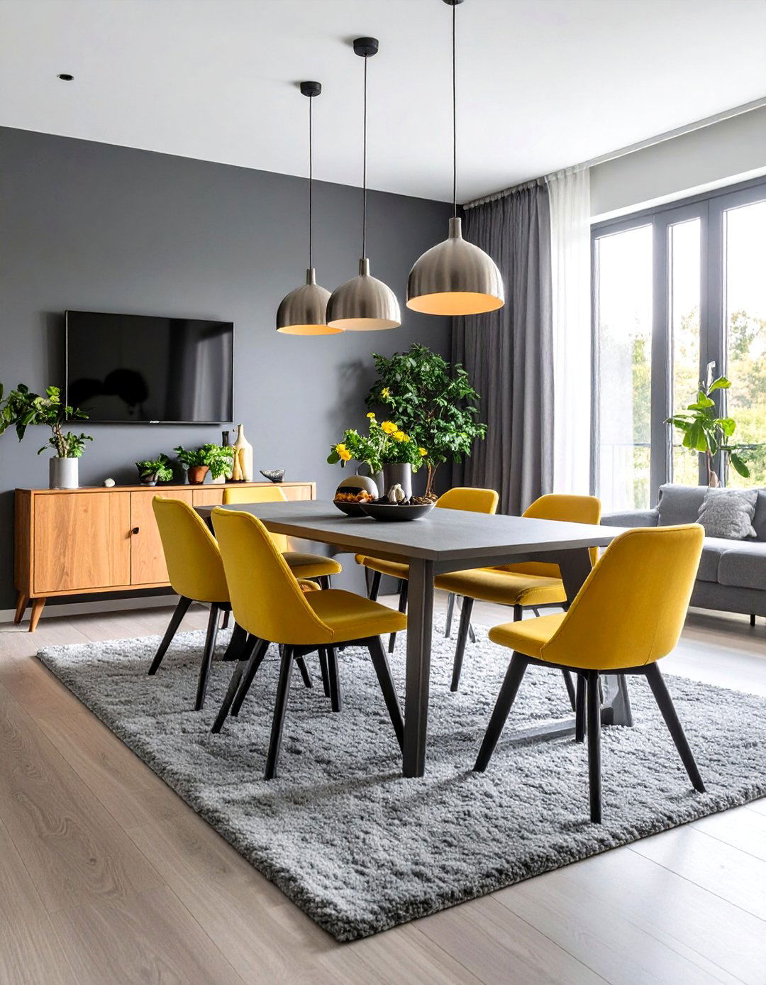 Gray Multi Tonal Carpeted Dining Room with Contemporary Sophistication - 20 Carpeted Dining Room Ideas