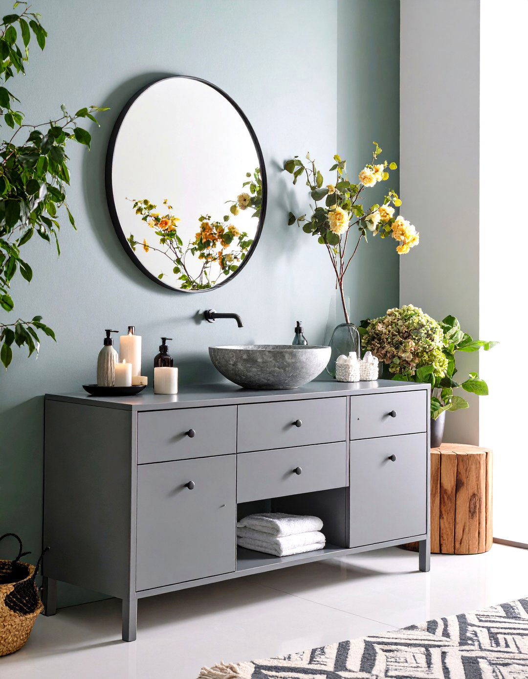 Gray Vanity Paired with a Sculptural Vessel Sink - 20 Grey Bathroom Vanity Design Ideas