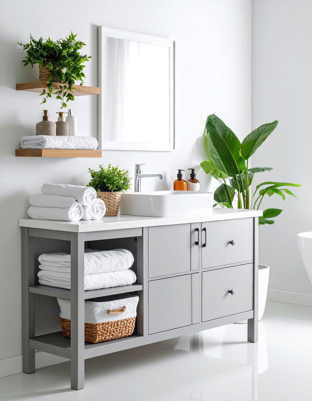 Gray Vanity with Open Shelving Showcases Towels and Decor - 20 Grey Bathroom Vanity Design Ideas