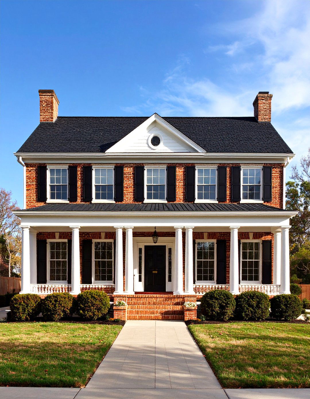 Greek Revival White Exterior Home with a Black Roof and Classical Columns - 20 White Exterior Home with a Black Roof Ideas