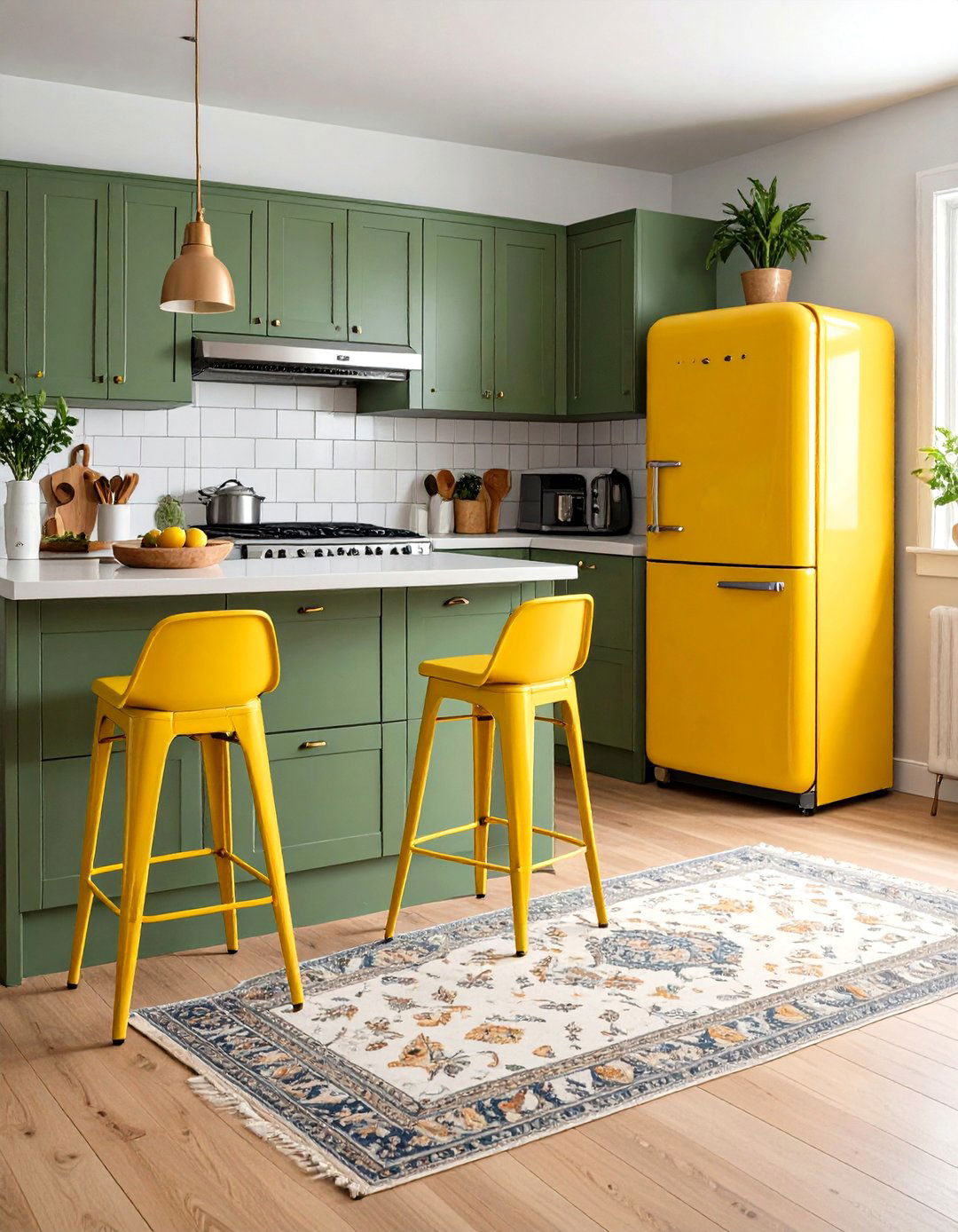 Green Appliances Meet Yellow Stools Kitchen - 20 Green and Yellow Kitchen Ideas