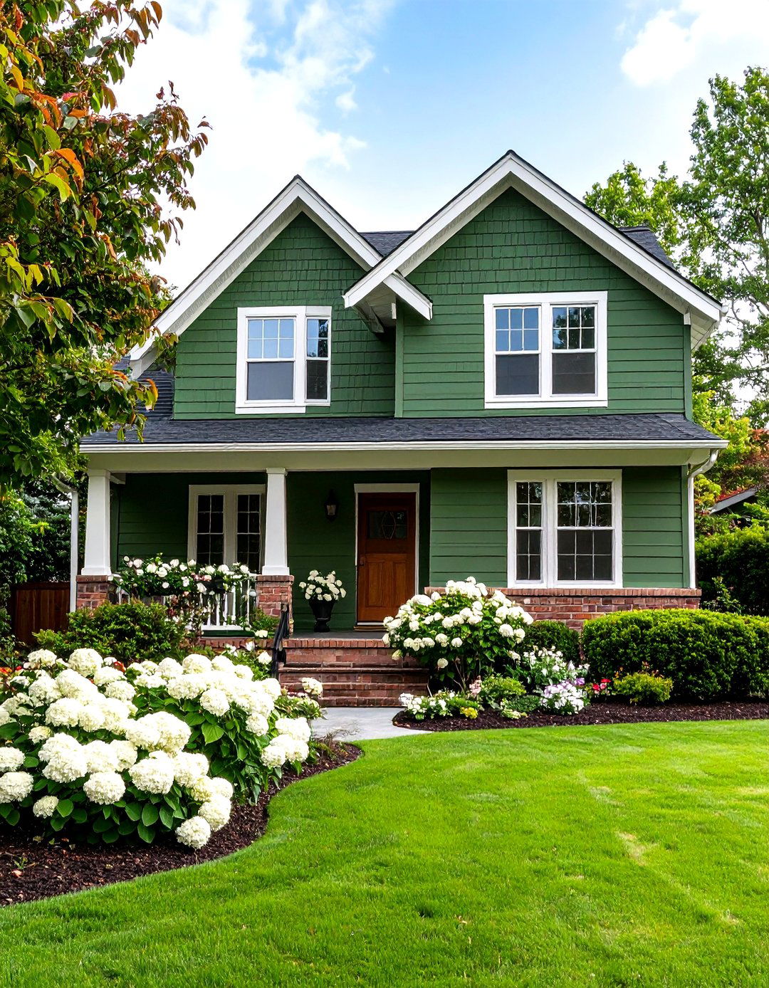 Green Brick Exterior with Crisp White Trim - 20 Green Brick Exterior Home Ideas