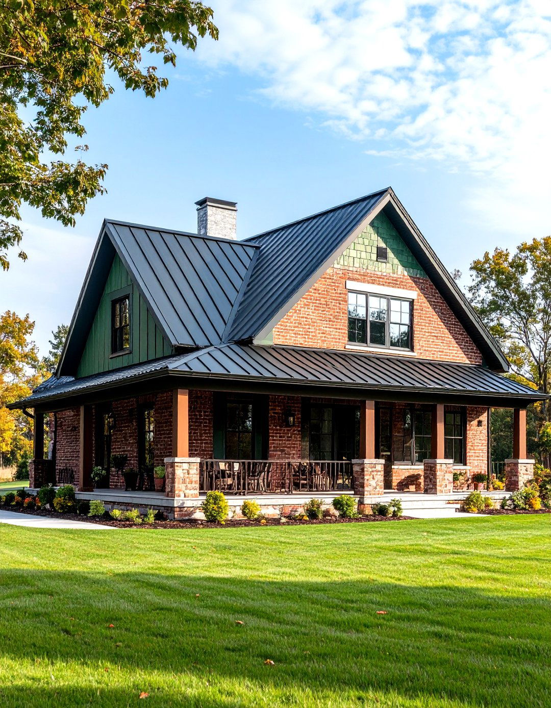 Green Brick Exterior with Metal Roof Harmony - 20 Green Brick Exterior Home Ideas