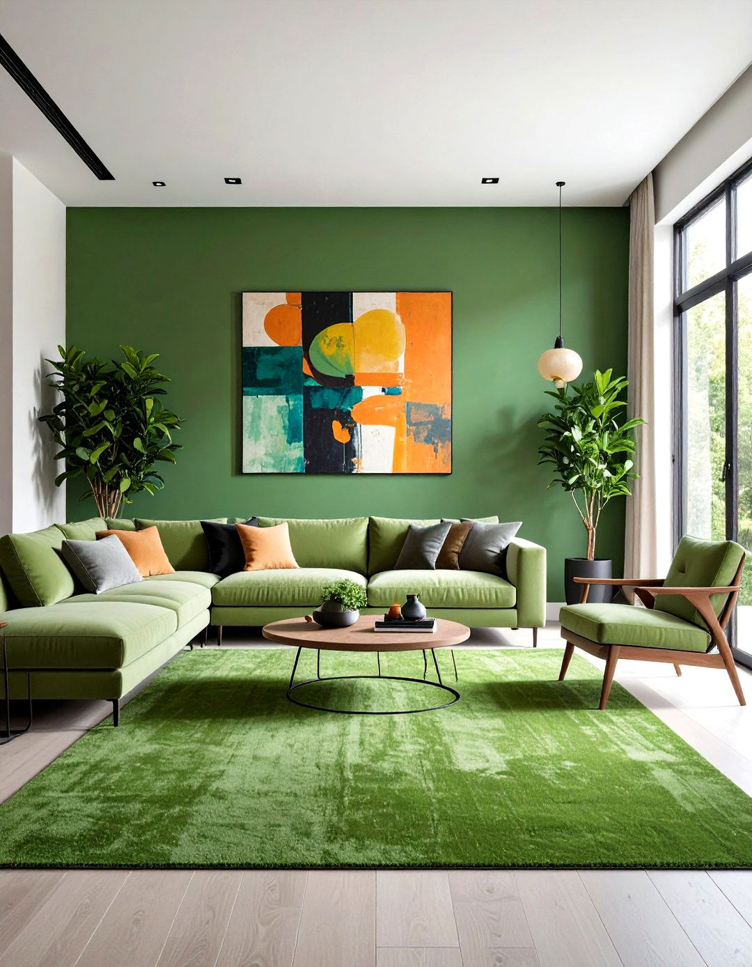 Green Carpet as a Neutral Backdrop for Art - 20 Green Carpet Living Room Ideas