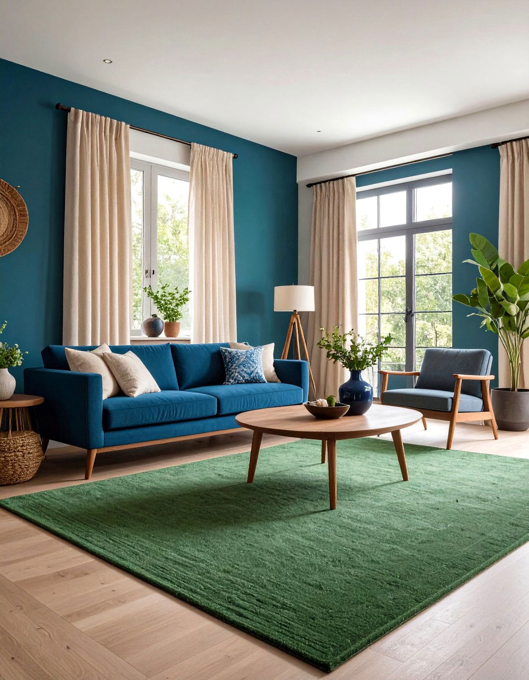 Green Carpet with Blue Accent Walls - 20 Green Carpet Living Room Ideas
