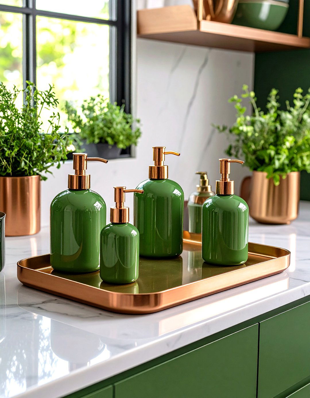 Green Countertop Accessories Arranged on a Copper Tray - 20 Green and Copper Kitchen Ideas