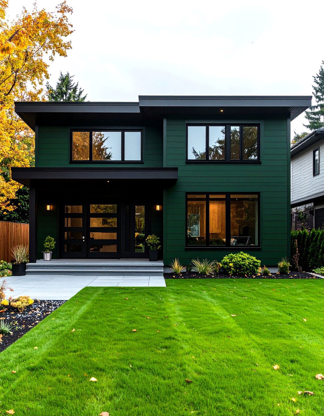 Green Facade with Black Window Frames - 20 Green Exterior House Paint Ideas
