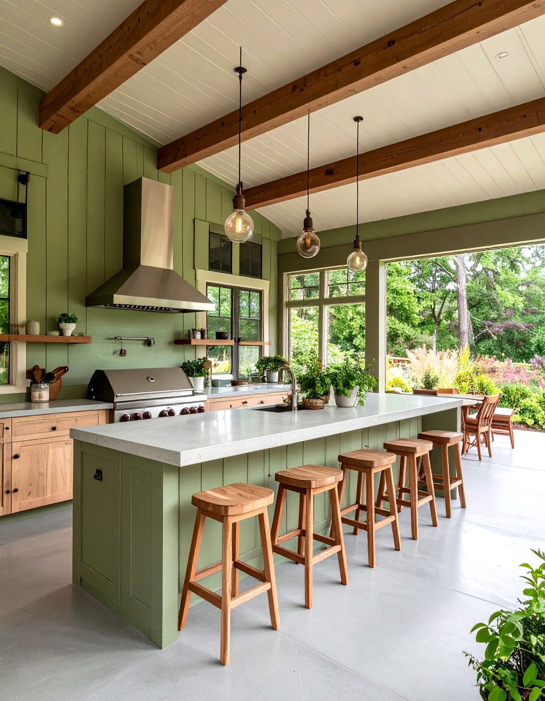 Green Farmhouse with Covered Outdoor Kitchens - 20 Farmhouse Green Exterior Home Ideas