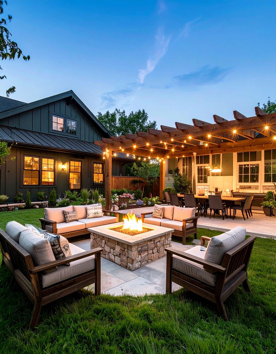 Green Farmhouse with Fire Features and Gathering Spaces - 20 Farmhouse Green Exterior Home Ideas
