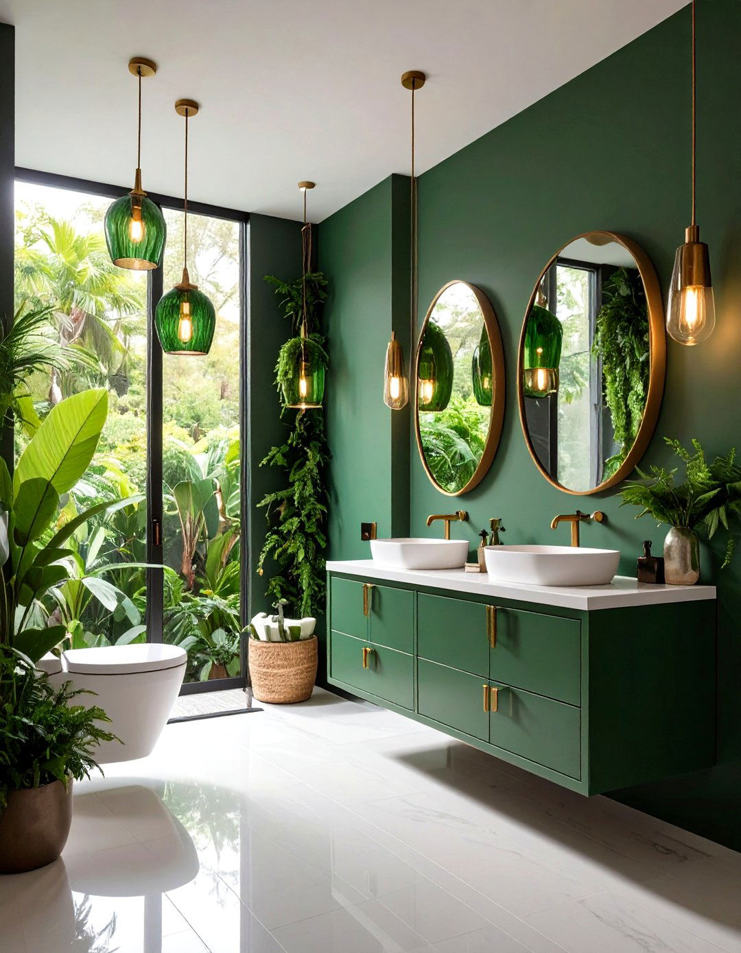 Green Glass Pendant Lights in a Chic Powder Room - 20 Green Powder Room Ideas