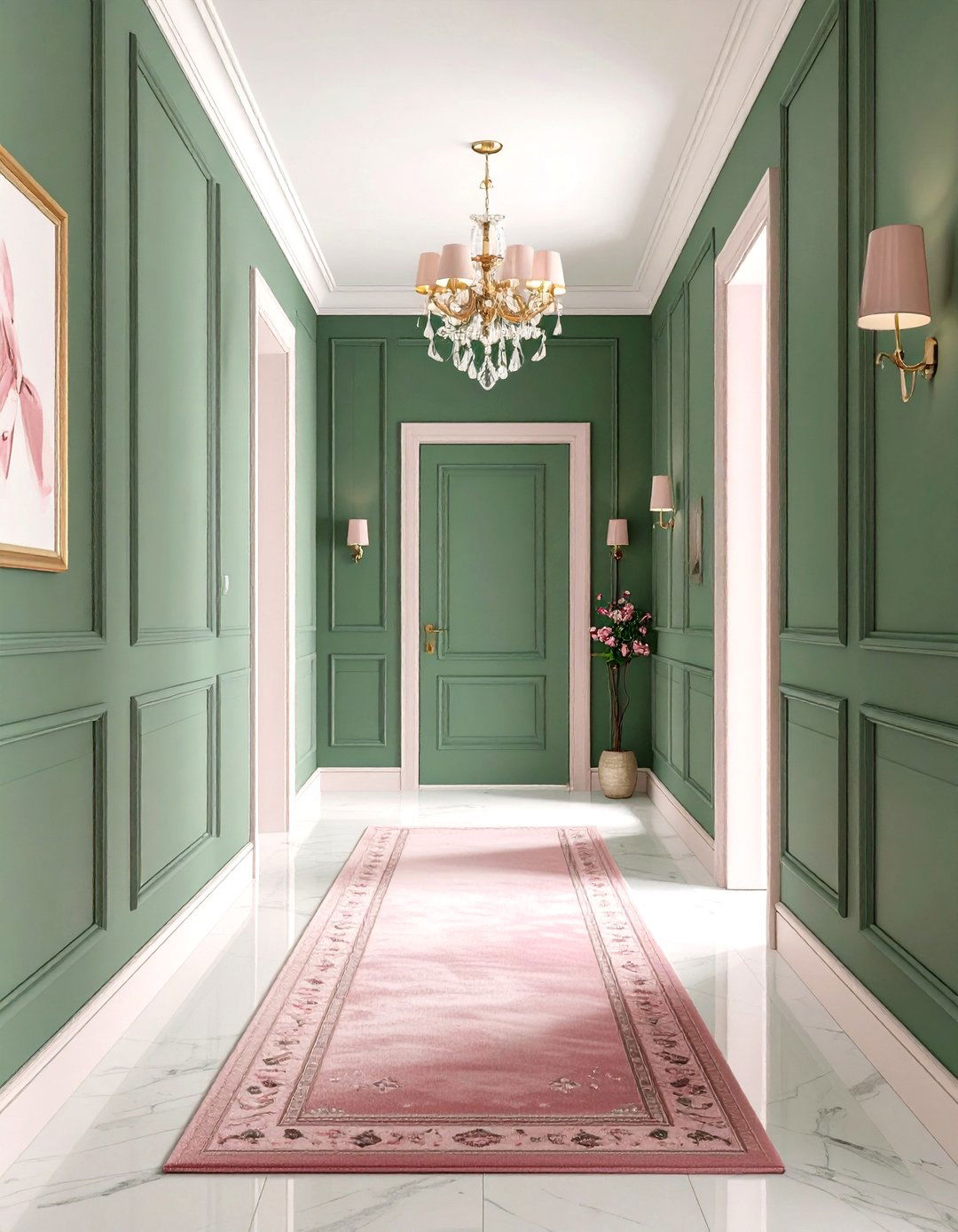 Green Hallway with Pink Accents - 20 Green Hallway Ideas