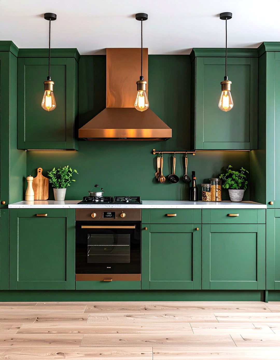 Green Kitchen Cabinets Highlighted by Brown Brushed Metal Lighting - 20 Green and Brown Kitchen Ideas