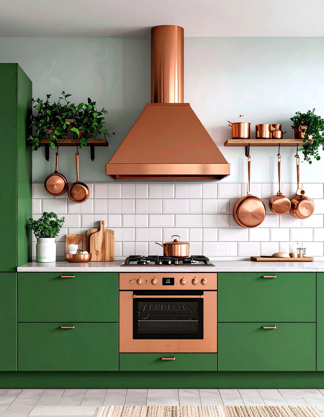 Green Kitchen Hood Range with a Copper Chimney Accent - 20 Green and Copper Kitchen Ideas