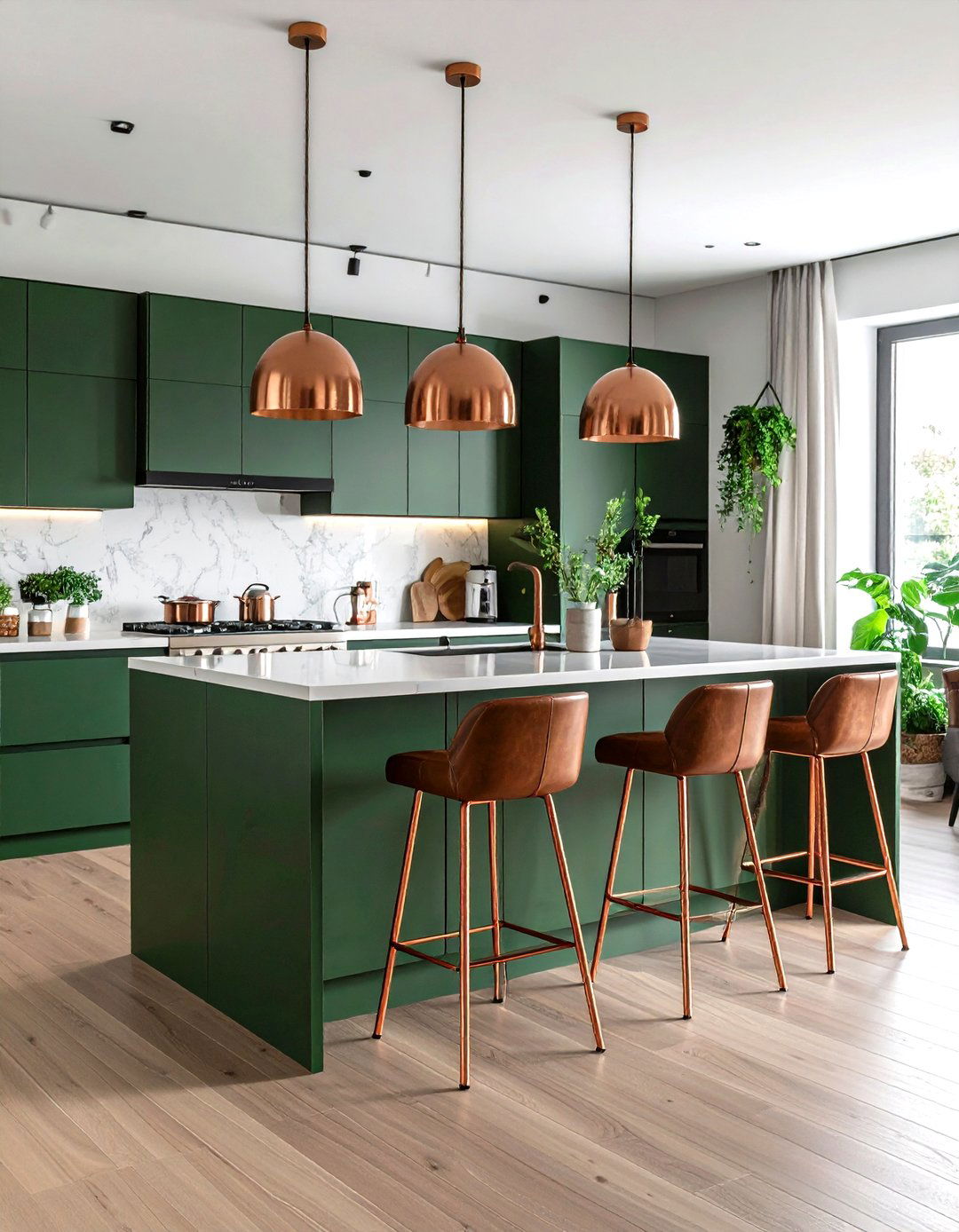 Green Kitchen Island with Copper Legged Stools - 20 Green and Copper Kitchen Ideas