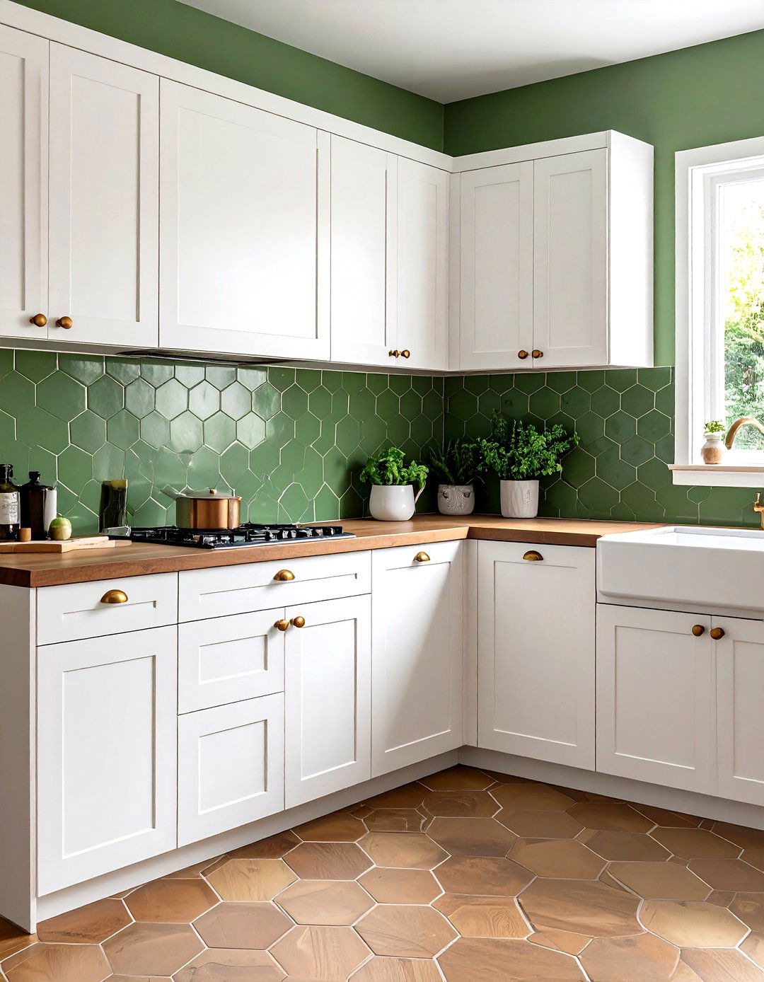 Green Kitchen Subway Tile Backsplash with Brown Hexagon Floor - 20 Green and Brown Kitchen Ideas